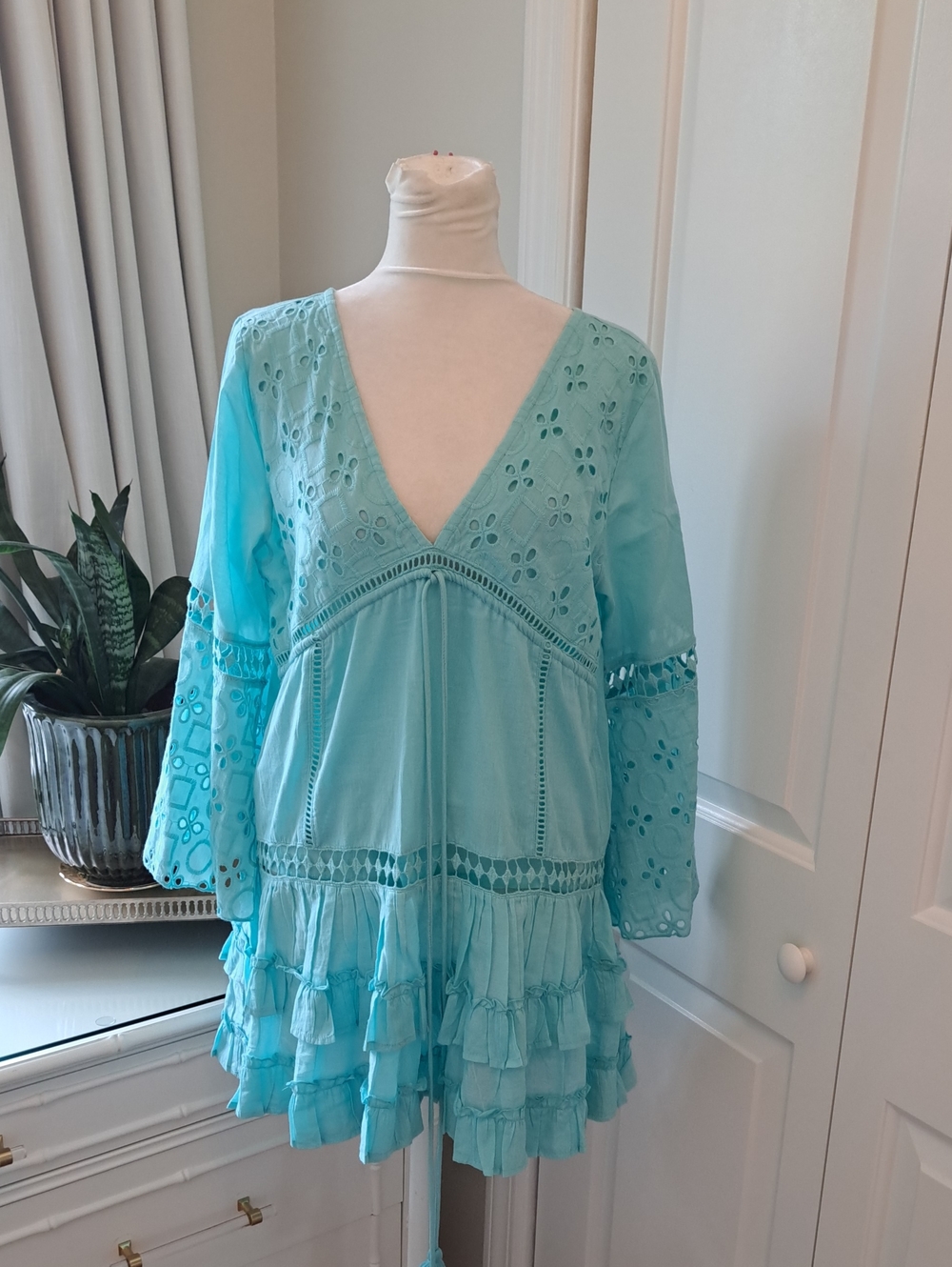 Debbie Katz South Beach Womena Turquoise Gauzy Eyelet Cover Up Boho Mini Dress M